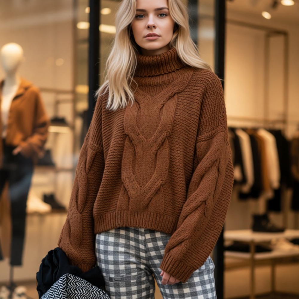 STYLEWE Brown Cable Knit Turtleneck Sweater